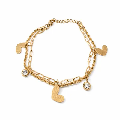 Pulsera doble cadena corazon y cristal 17-20cm