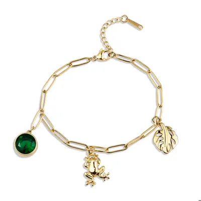 Pulsera dije de rana hoja y cristal verde esmeralda 18-21cm