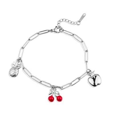 Pulsera con dije de cerezas esmaltadas piña y manzana 18-21cm