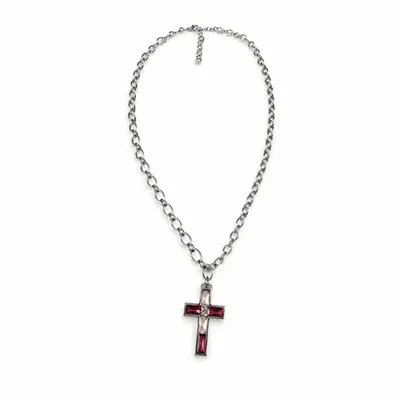 Collar cruz cristal rosa 45cm plateado